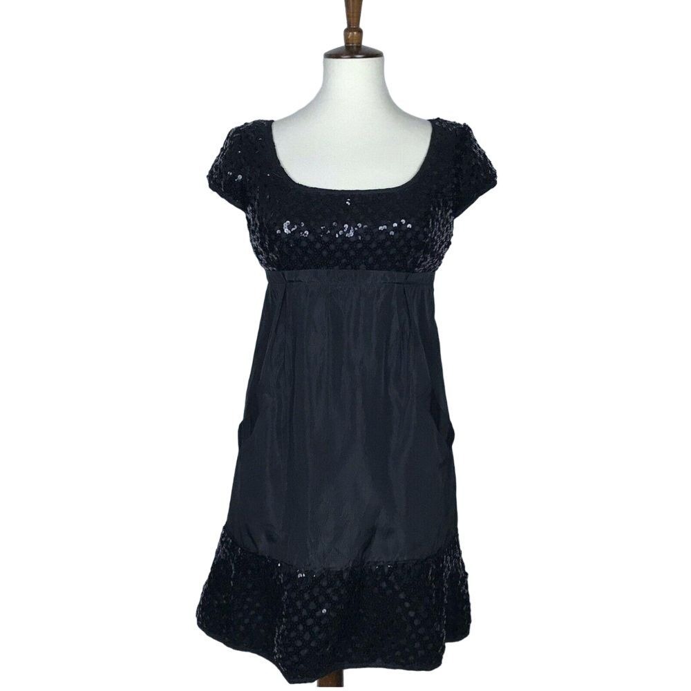 Vintage 90s Betsy Johnson Made in USA babydoll sequin black dress,‎ LBD, size 6
